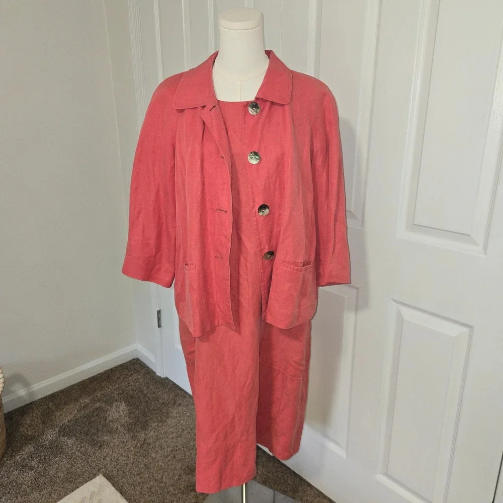 J. Jill Dress & Jacket Set Women XL/L Petite Coral Silk Linen 2 Piece Co-ord
